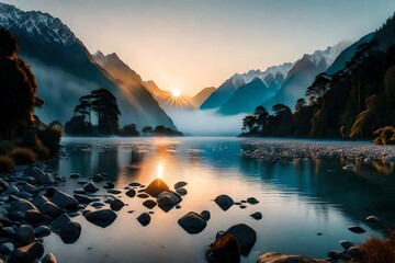 The enchanting allure of Westland District as the sun rises, revealing the pristine beauty of Fox Glacier and Lake Matheson, with misty mountains standing tall in the background.
