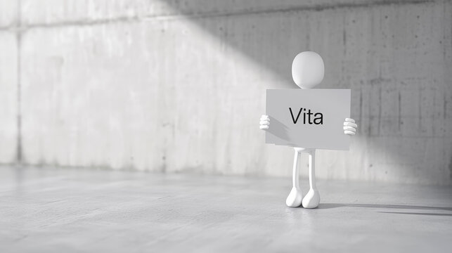 A white stick figure with hat is Presenting a folder with the inscription "Vita" in his hands. Generative AI
