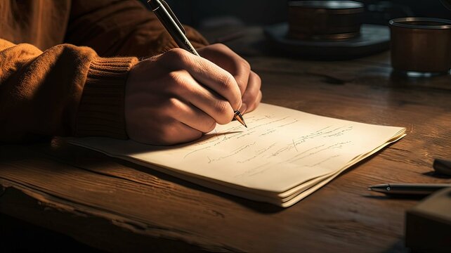 Horizontal AI illustration, man's hands writing some pages with a pen on a wooden table. Business.