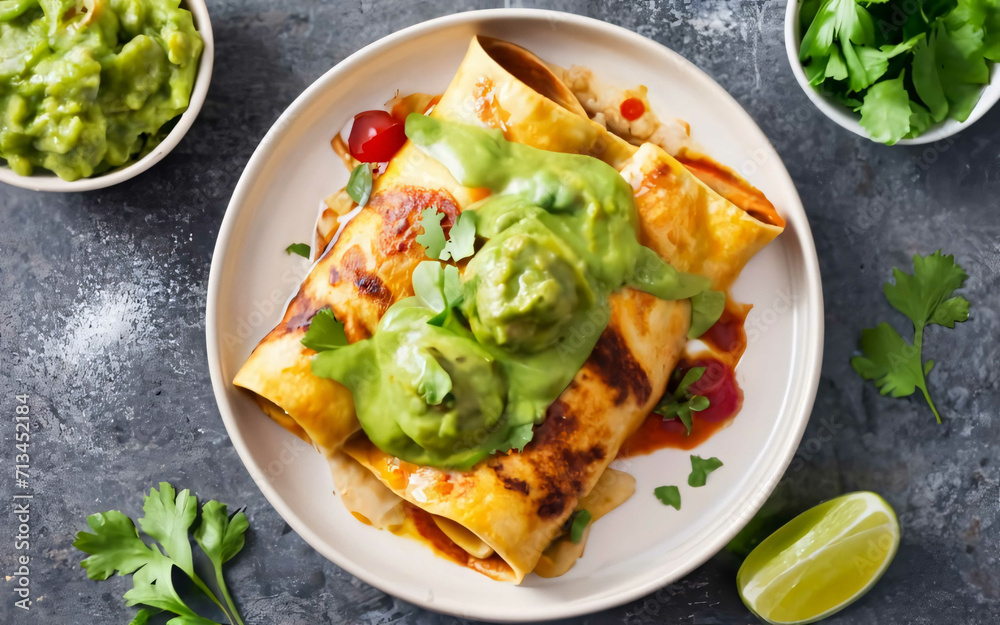 Sticker chicken rolls with tomato and green sauce with lemon in plate