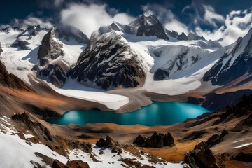 A panoramic view captured in high definition, showcasing the snow-kissed splendor of the Chilean Andes and the enchanting Laguna Del Inca nestled within