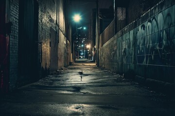 Urban Twilight Charm. Dark alley with weathered textures and graffiti storytelling. Cityscape allure. Generative AI