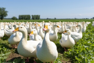  a large group of white ducks standing in a large field of green grass with a blue sky in the background.