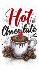 Hot Chocolate cup with cherry on top, nearby cinnamon sticks, and chocolate pieces, with "Hot Chocolate" message 