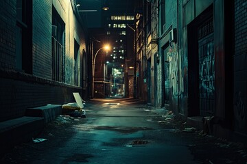 Urban Decay Aesthetics. Atmospheric backstreet with graffiti storytelling under the twilight sky....