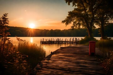 A breathtaking scene of a summer sunset over the lake, an abandoned pier leading to a prominent red mailbox, embraced by the beauty of surrounding trees.