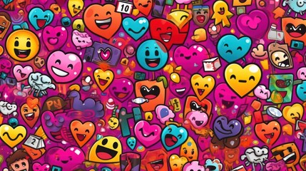 hearts and emoticions on top, in the style of text and emoji installations