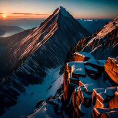 The serene beauty of the first light on a mountain top, highlighting the untouched wilderness below