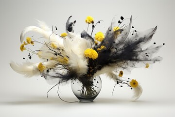  a black and white vase with yellow flowers and feathers on a white background with a white background and a black and white vase with yellow flowers in it.