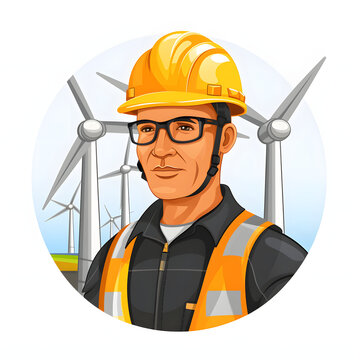 Technician wearing a hard hat at a wind farm isolated on white background, cartoon style, png
