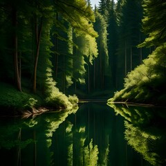 A hidden gem in the heart of the forest, a still lake reflecting the lush greenery in a vertical composition