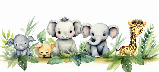 Naklejka premium watercolor illustration cute baby safari animals sit on green grass and tropical leaves