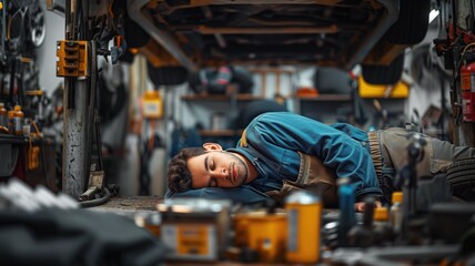 Fototapeta premium auto mechanic is napping under a car raised on a lift in a workshop. industrial fatigue concept. World Sleep Day