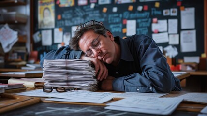 teacher sleeps in the classroom with his head resting on a stack of checked papers. industrial fatigue concept. World Sleep Day