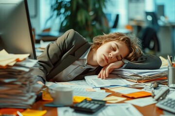 bank employee is dozing at a desk in a bank with a computer with financial programs. industrial fatigue concept. World Sleep Day