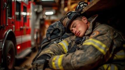firefighter sleeps on a wooden bench, still in incomplete gear. industrial fatigue concept. World Sleep Day - obrazy, fototapety, plakaty