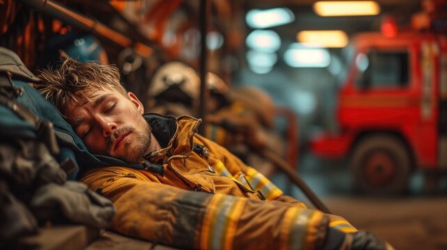 firefighter sleeps on a wooden bench, still in incomplete gear. industrial fatigue concept. World Sleep Day