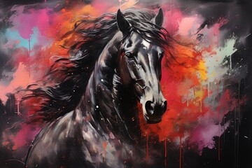  a painting of a black horse in front of a red, yellow, and pink background with a black horse in the foreground.