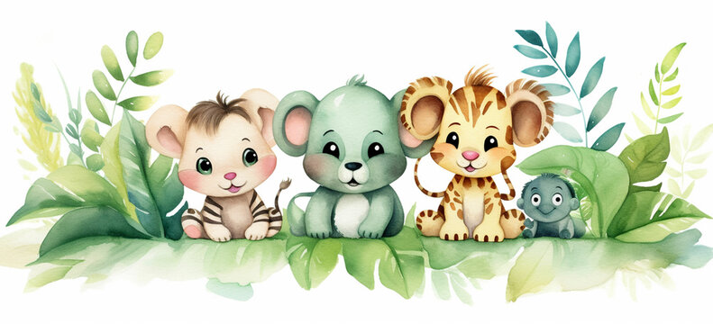 watercolor illustration cute baby safari animals sit on green grass and tropical leaves
