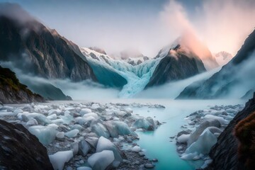 A surreal scene of Fox Glacier, veiled in mist, with the first light coloring the sky in pastel hues