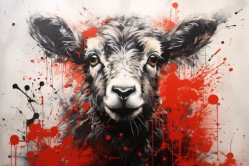 a painting of a black and white sheep with red paint splatters on it's face and ears.