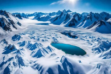 A mesmerizing aerial panorama featuring the pristine Laguna Del Inca embraced by the snow-covered Chilean Andes, creating a symphony of white and blue