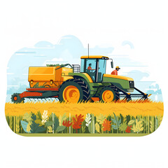 Farmer harvesting crops with agricultural machinery isolated on white background, detailed, png
