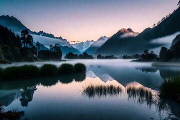 Dawn unfolding over Lake Matheson, the calm waters reflecting the pastel hues of the morning sky, with mountains disappearing into the soft embrace of fog.