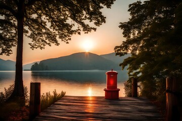 The magic of a summer sunset on display at the lake, an empty pier adorned with a striking red mailbox at the end, framed by the tranquility of trees.