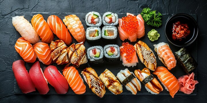 Incredibly delicious set of sushi and rolls, a variety of fish, raw fish, avocado, wasabi, soy sauce, sesame seeds, chopsticks, Japanese food.