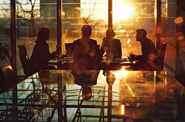 Silhouetted figures of a professional team engaged in a discussion, backlit by the golden light of...