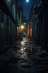 Decayed Urban Poetry: Dark Alley Symphony. Nocturnal cityscape with worn textures and graffiti...