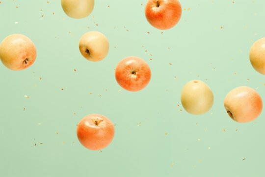  a group of apples floating in the air on a green background with confetti on the bottom of them.