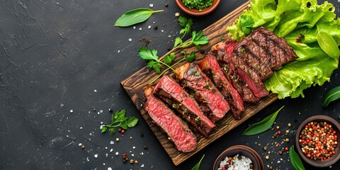Tender juicy steak cut into slices with herbs and spices on a wooden plate, barbecue, grill, meat, wallpaper, background.
