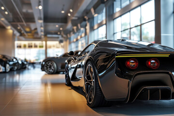 Premium black sports cars in modern dealership showroom with huge windows - obrazy, fototapety, plakaty