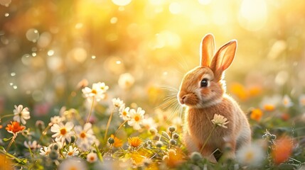 Cute little rabbit in blooming meadow on sunny spring day