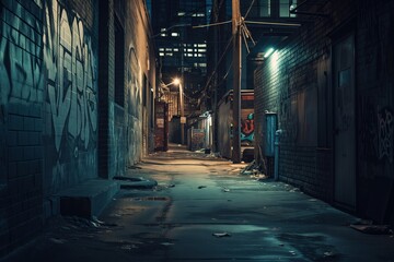 Midnight Graffiti Chronicles: Urban Decay Aesthetics. Nighttime back alley with artistic...