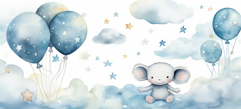 watercolor illustration cute baby animals on cloud with balloons and stars