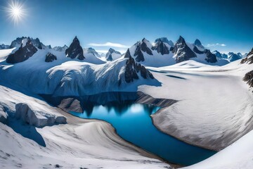 A mesmerizing panoramic shot of the Chilean Andes, showcasing the frozen Laguna Del Inca surrounded by snow-capped peaks under a clear sky