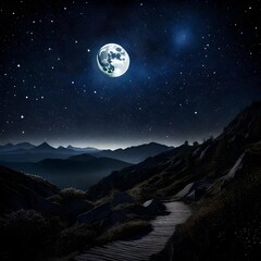 A panoramic view of a moonlit night with a sky full of stars. - Upscaling by @Badar