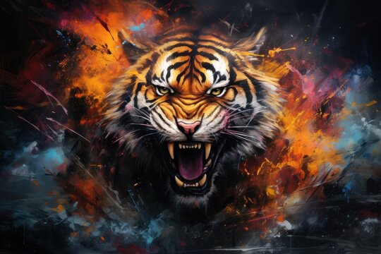  a painting of a tiger with its mouth open and it's mouth wide open with it's mouth wide open.