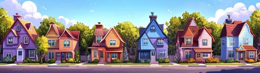 cartoon neighborhood with colorful houses Generative AI - obrazy, fototapety, plakaty