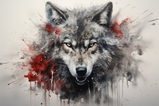  a painting of a wolf with red paint splatters on it's face and a black and white background.