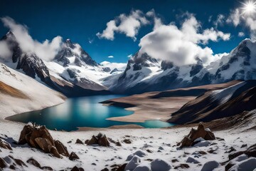 Witness the serene allure of the snowing Chilean Andes, with a crystal-clear view of Laguna Del Inca and its surrounding majestic peaks through an HD lens