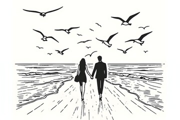 Hands Holding Love Couple lines art sketch, Relationship, Ai Generated - obrazy, fototapety, plakaty