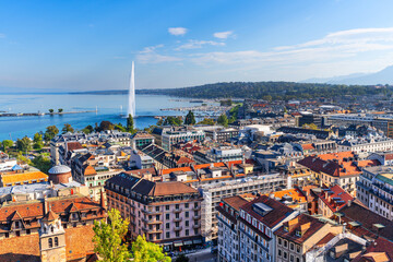 Geneva, Switzerland Cityscape Overlooking the Lake and Fountain - obrazy, fototapety, plakaty