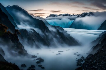 A mysterious mist hovering around Fox Glacier, creating an ethereal atmosphere in the early morning