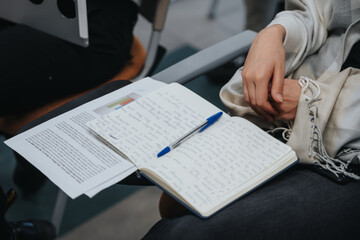 A person is closely engaged in writing notes from a textbook into a notebook, depicting a setting of focused studying, lecture attendance, or seminar participation.