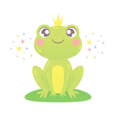 Cute green smiling frog. Little Frog princess with crown sitting on hummock. Funny cartoon character. Happy childish animal for birthday card, poster, print, kid clothing, design template. Vector