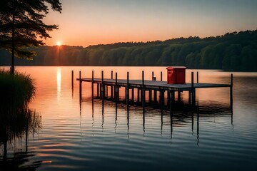 A serene lake at sunset during summer, with an empty pier stretching into the water. At the end of the pier, there's an obvious red mailbox, surrounded by trees.